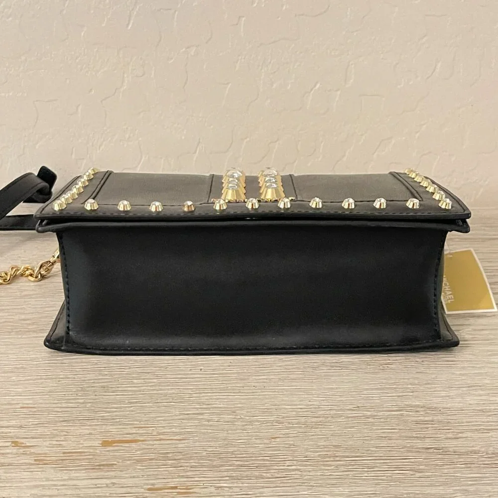 New Michael Kors Crossbody Bag Black Gold Rhinestone Crystal Studs Chain Flap MK